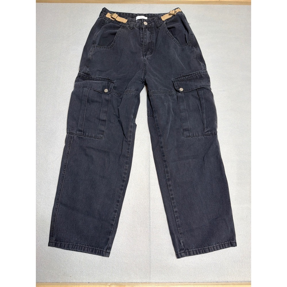 Shinne Washed Black Cargo Pants Wide Leg Utility Denim Trousers 26W 1133